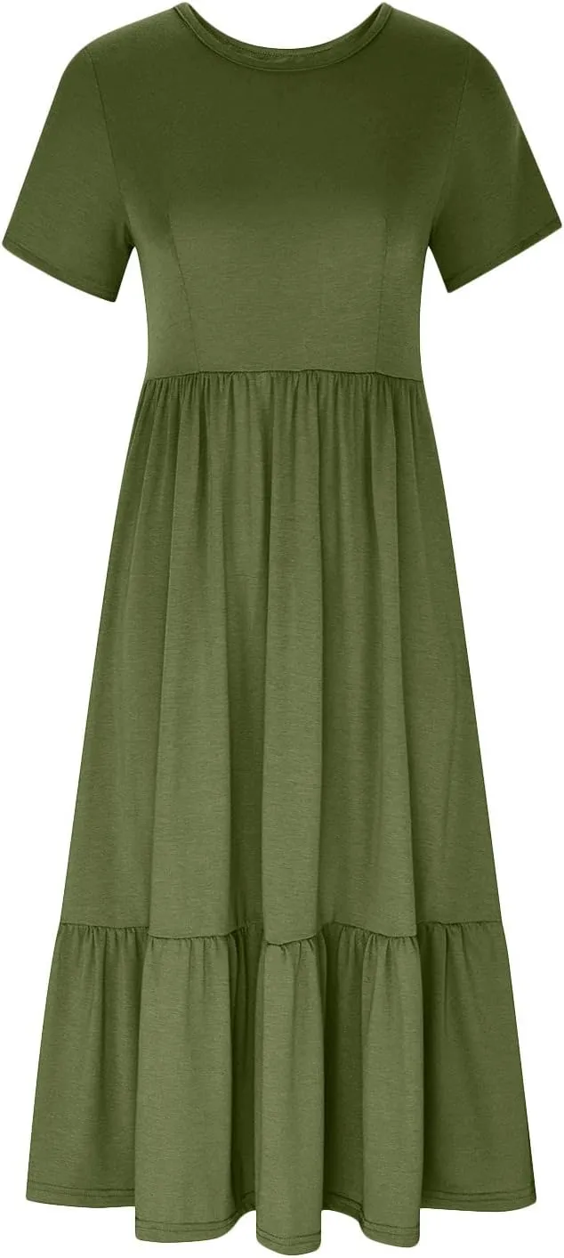 Ruffle Hem Maxi Dress for Women Crewneck Short Sleeve T Shirt Dresses Casual Summer Long Dress Plain Sundress