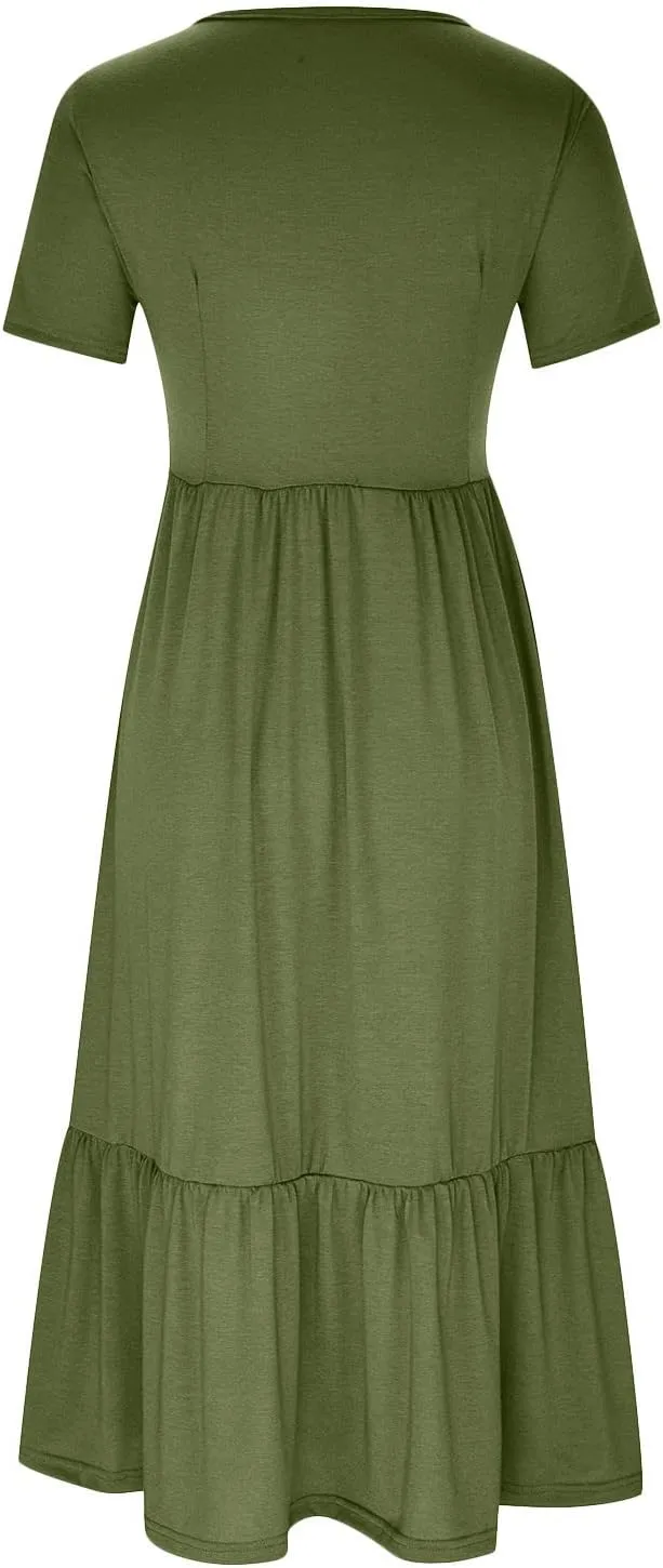 Ruffle Hem Maxi Dress for Women Crewneck Short Sleeve T Shirt Dresses Casual Summer Long Dress Plain Sundress