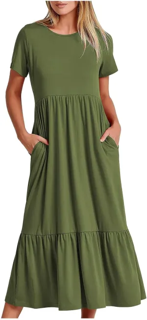 Ruffle Hem Maxi Dress for Women Crewneck Short Sleeve T Shirt Dresses Casual Summer Long Dress Plain Sundress