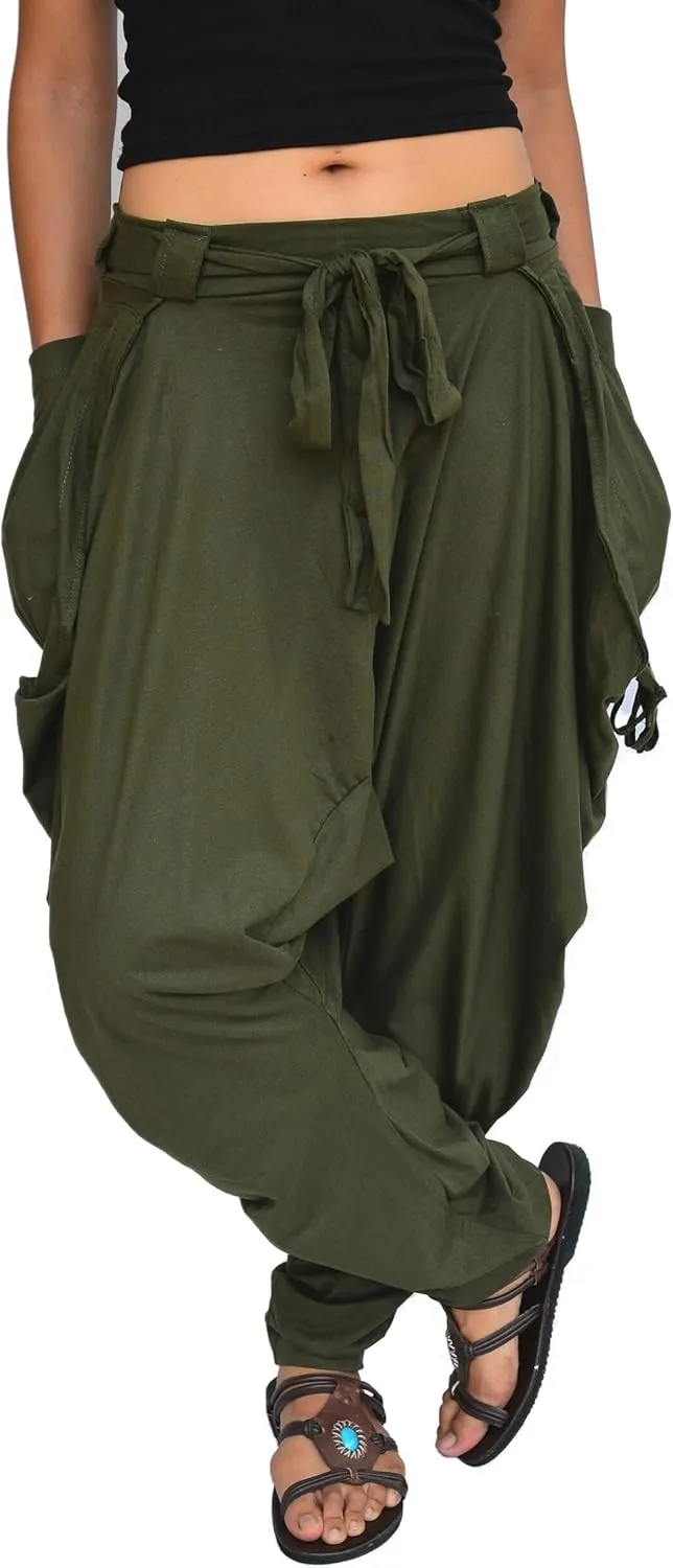 Sakoonee Women Men Harem Pants Palazzo Dhoti Style 2 Pockets Cotton Green, One Size