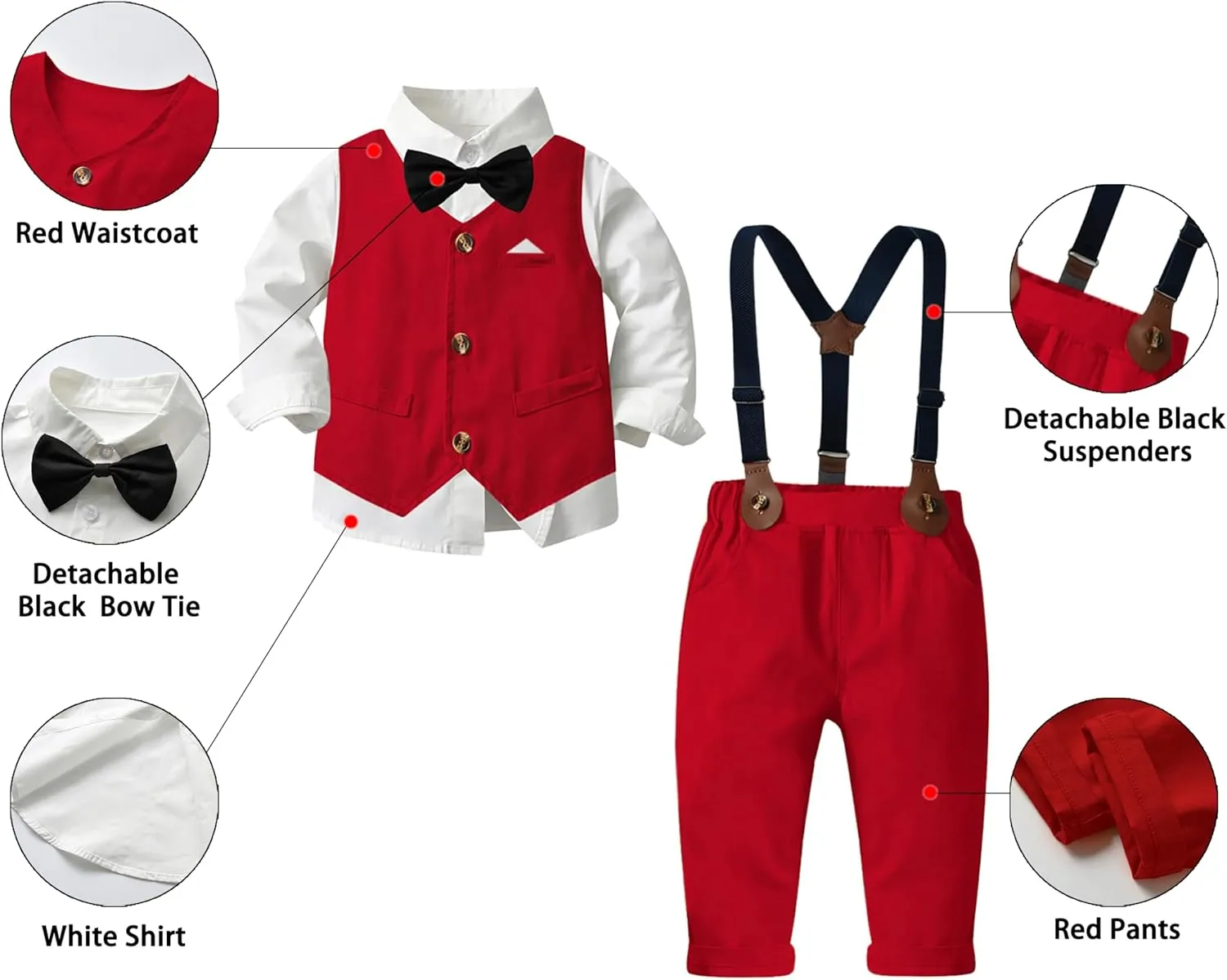 SANGTREE Boys' Formal Suits Sets Gentleman Outfits, Vest   Suspender Pants   Shirt   Bow Tie & Scarf, 3 Months - 14 Years