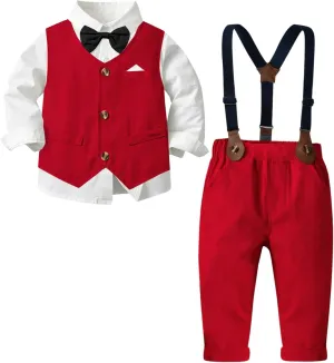 SANGTREE Boys' Formal Suits Sets Gentleman Outfits, Vest   Suspender Pants   Shirt   Bow Tie & Scarf, 3 Months - 14 Years