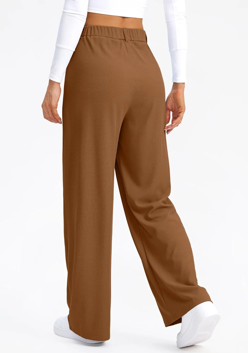 SANTINY Wide Leg Pants Woman Elastic High Waisted Waffle Knit Slacks Business Casual Work Pants Pleated Trousers with Pockets