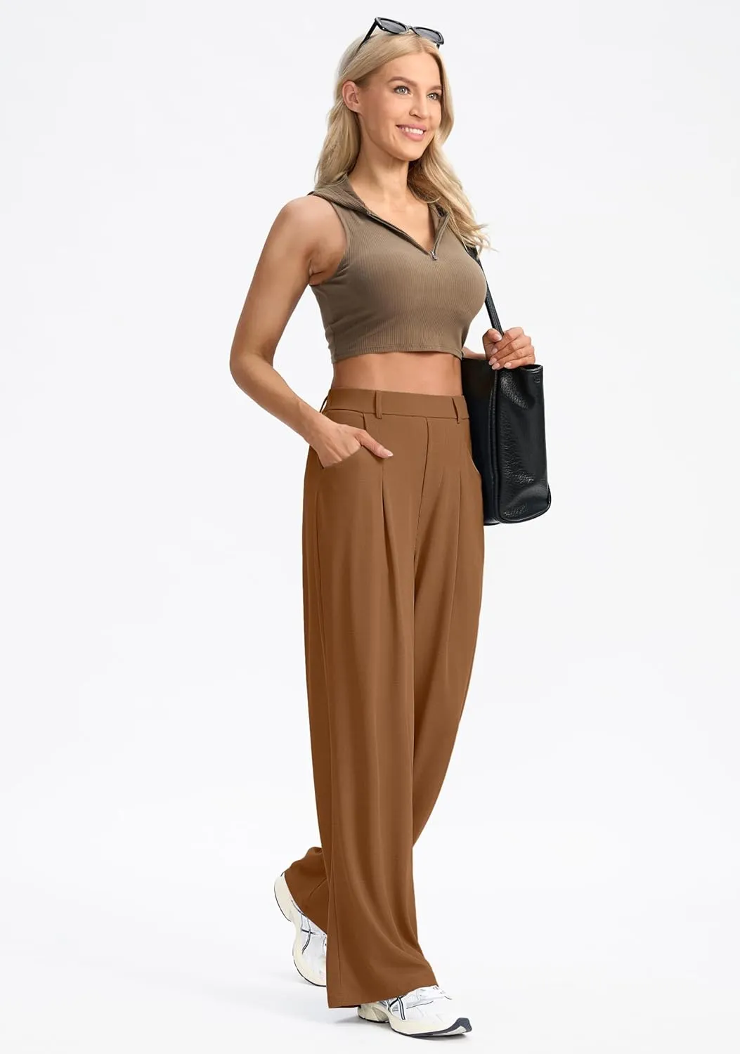SANTINY Wide Leg Pants Woman Elastic High Waisted Waffle Knit Slacks Business Casual Work Pants Pleated Trousers with Pockets