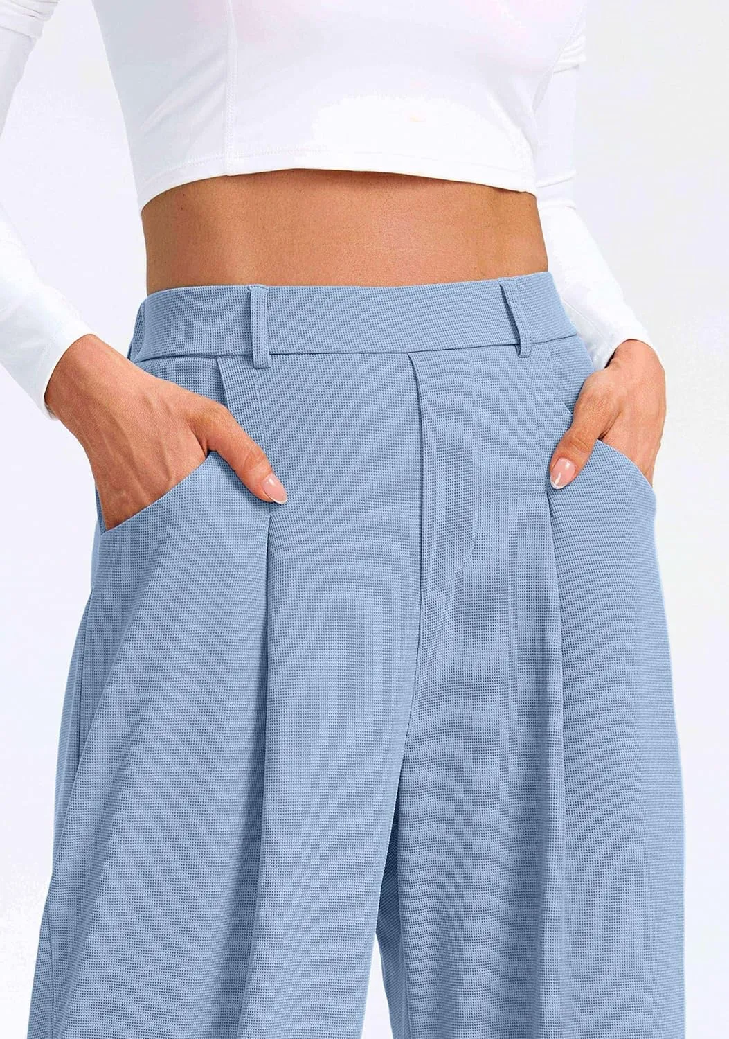 SANTINY Wide Leg Pants Woman Elastic High Waisted Waffle Knit Slacks Business Casual Work Pants Pleated Trousers with Pockets