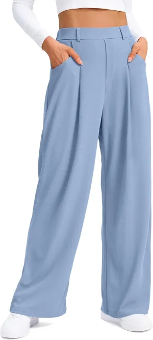 SANTINY Wide Leg Pants Woman Elastic High Waisted Waffle Knit Slacks Business Casual Work Pants Pleated Trousers with Pockets