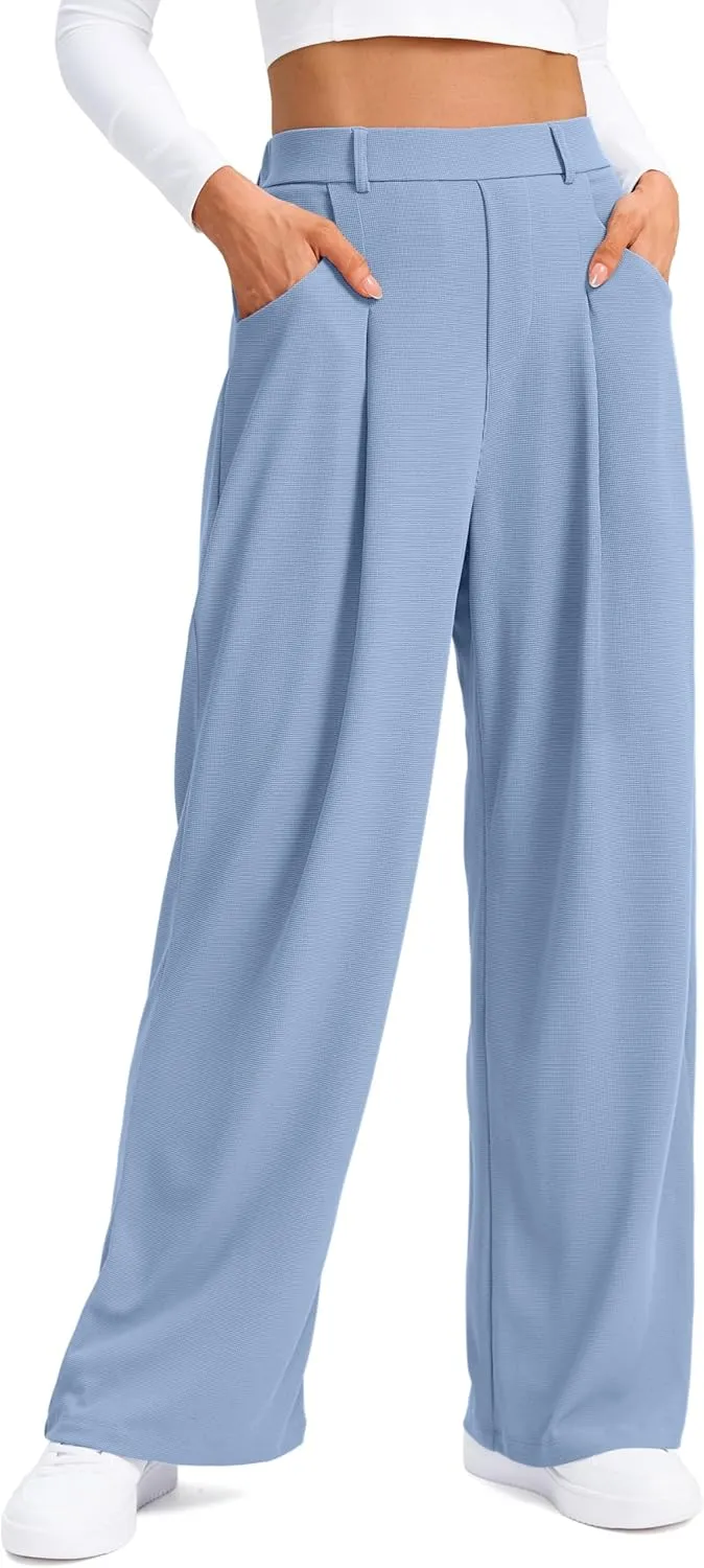 SANTINY Wide Leg Pants Woman Elastic High Waisted Waffle Knit Slacks Business Casual Work Pants Pleated Trousers with Pockets
