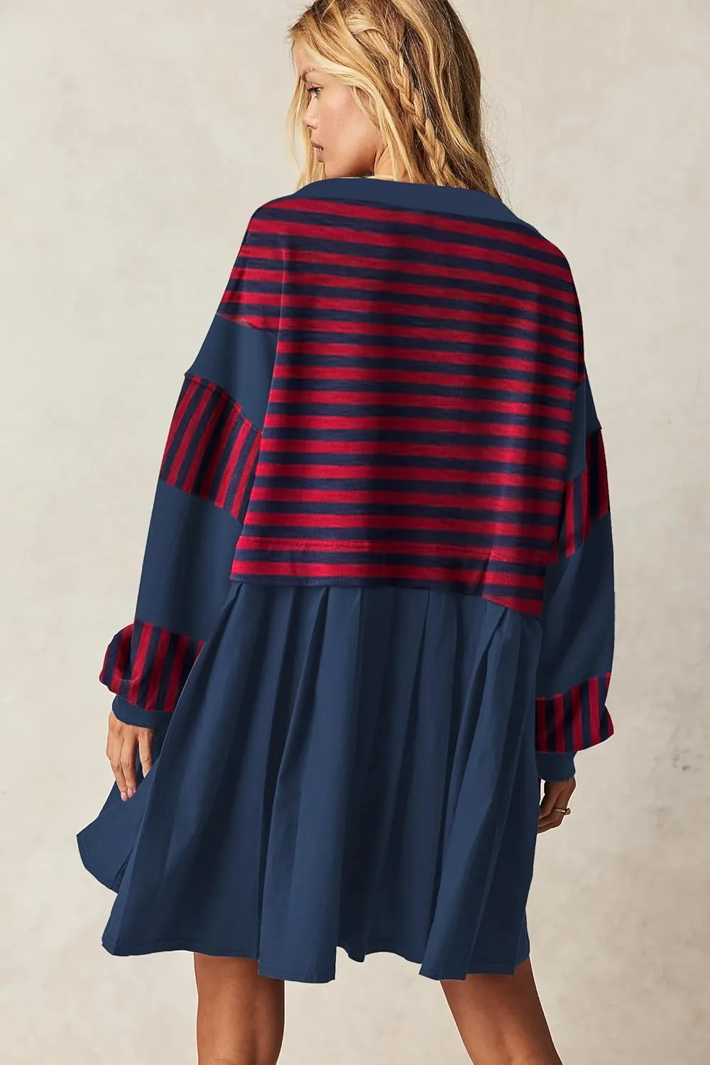 SAUKOLE Womens Oversized Casual Sweatshirt Patchwork Dress Fall Long Sleeve Trendy Lapel Neck Pleated Mini Dress