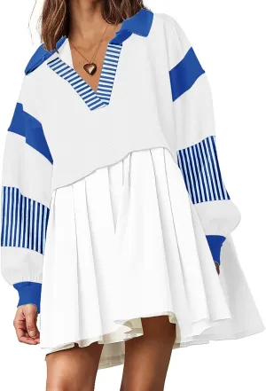 SAUKOLE Womens Oversized Casual Sweatshirt Patchwork Dress Fall Long Sleeve Trendy Lapel Neck Pleated Mini Dress