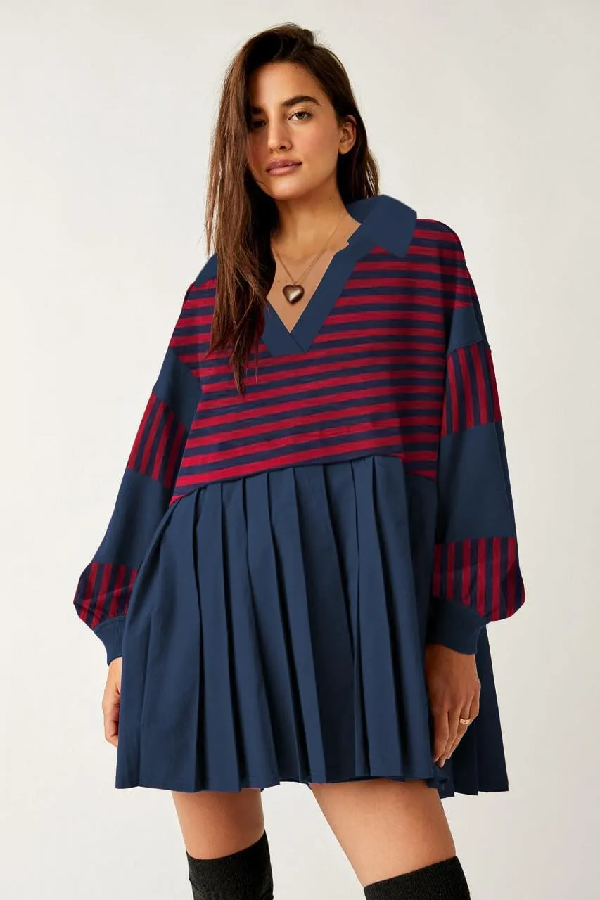 SAUKOLE Womens Oversized Casual Sweatshirt Patchwork Dress Fall Long Sleeve Trendy Lapel Neck Pleated Mini Dress