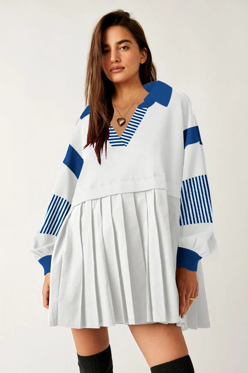 SAUKOLE Womens Oversized Casual Sweatshirt Patchwork Dress Fall Long Sleeve Trendy Lapel Neck Pleated Mini Dress