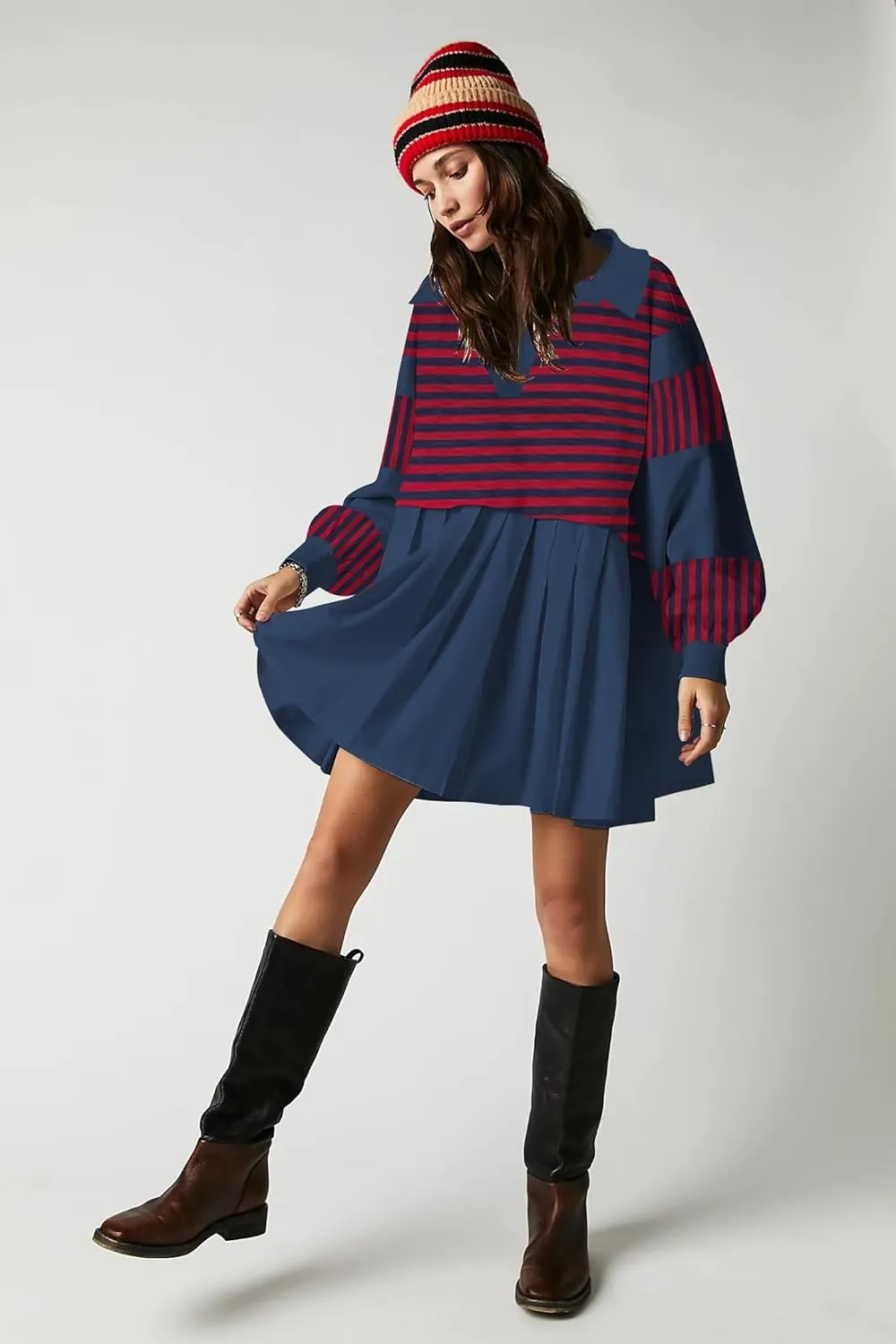SAUKOLE Womens Oversized Casual Sweatshirt Patchwork Dress Fall Long Sleeve Trendy Lapel Neck Pleated Mini Dress