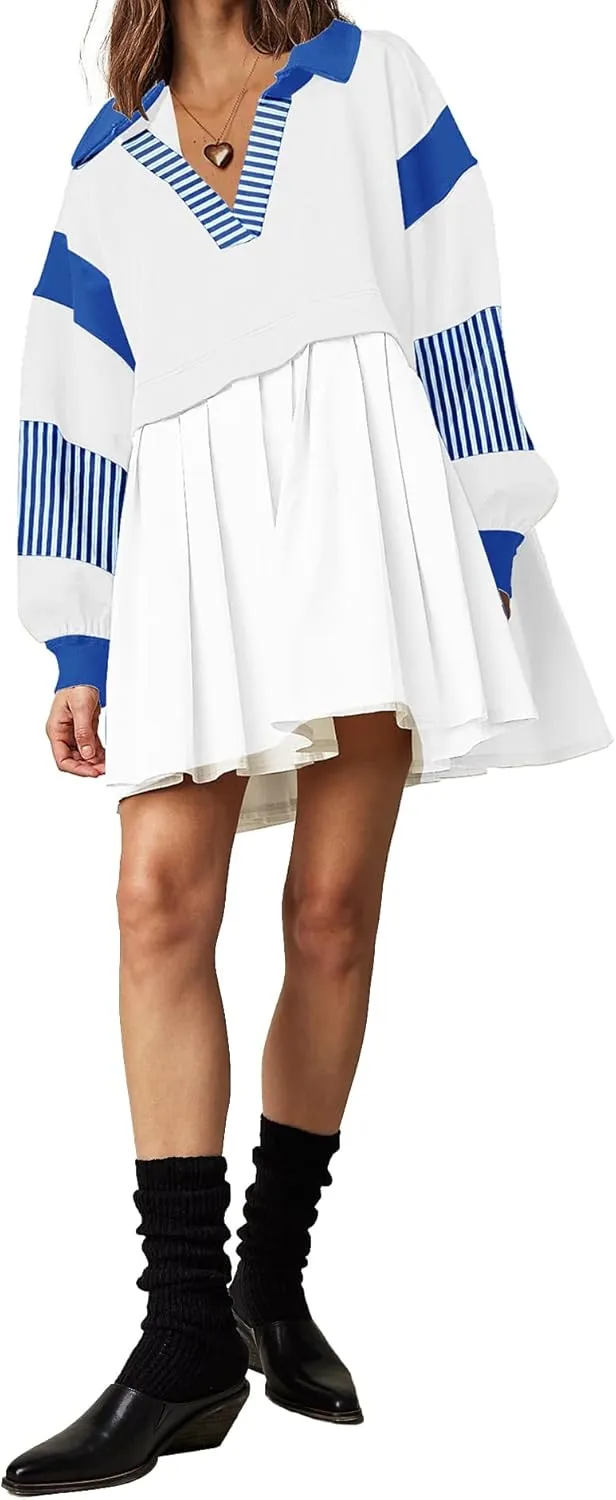 SAUKOLE Womens Oversized Casual Sweatshirt Patchwork Dress Fall Long Sleeve Trendy Lapel Neck Pleated Mini Dress