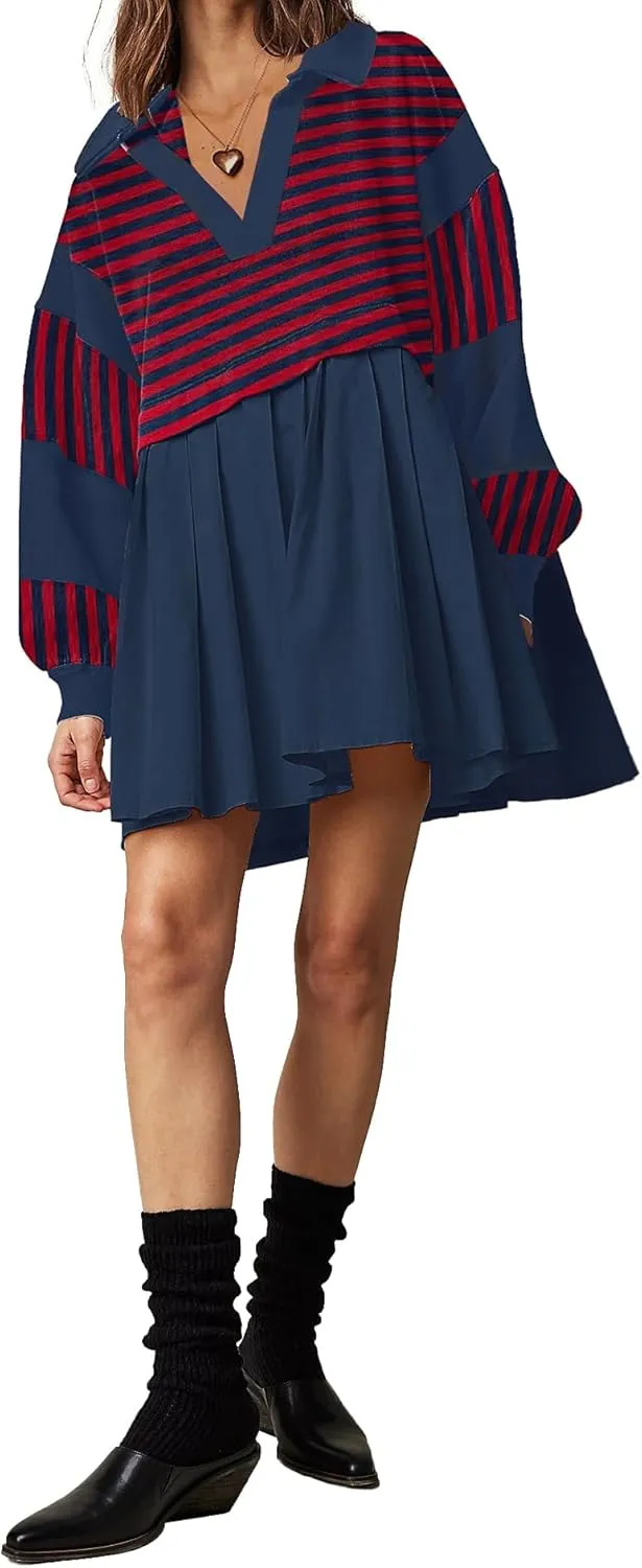 SAUKOLE Womens Oversized Casual Sweatshirt Patchwork Dress Fall Long Sleeve Trendy Lapel Neck Pleated Mini Dress