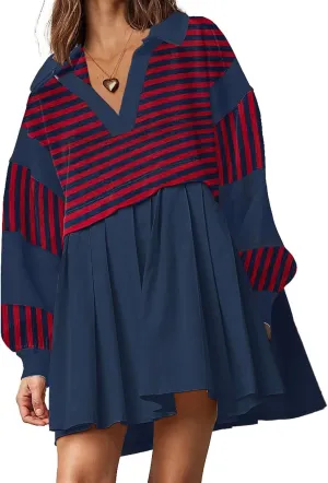 SAUKOLE Womens Oversized Casual Sweatshirt Patchwork Dress Fall Long Sleeve Trendy Lapel Neck Pleated Mini Dress