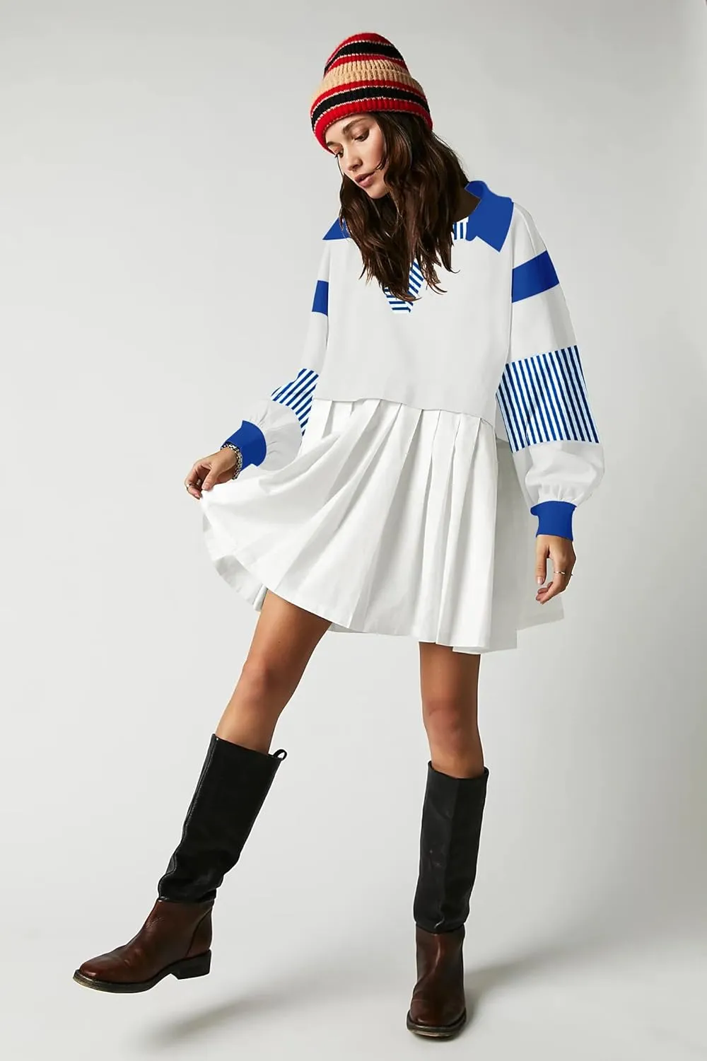 SAUKOLE Womens Oversized Casual Sweatshirt Patchwork Dress Fall Long Sleeve Trendy Lapel Neck Pleated Mini Dress