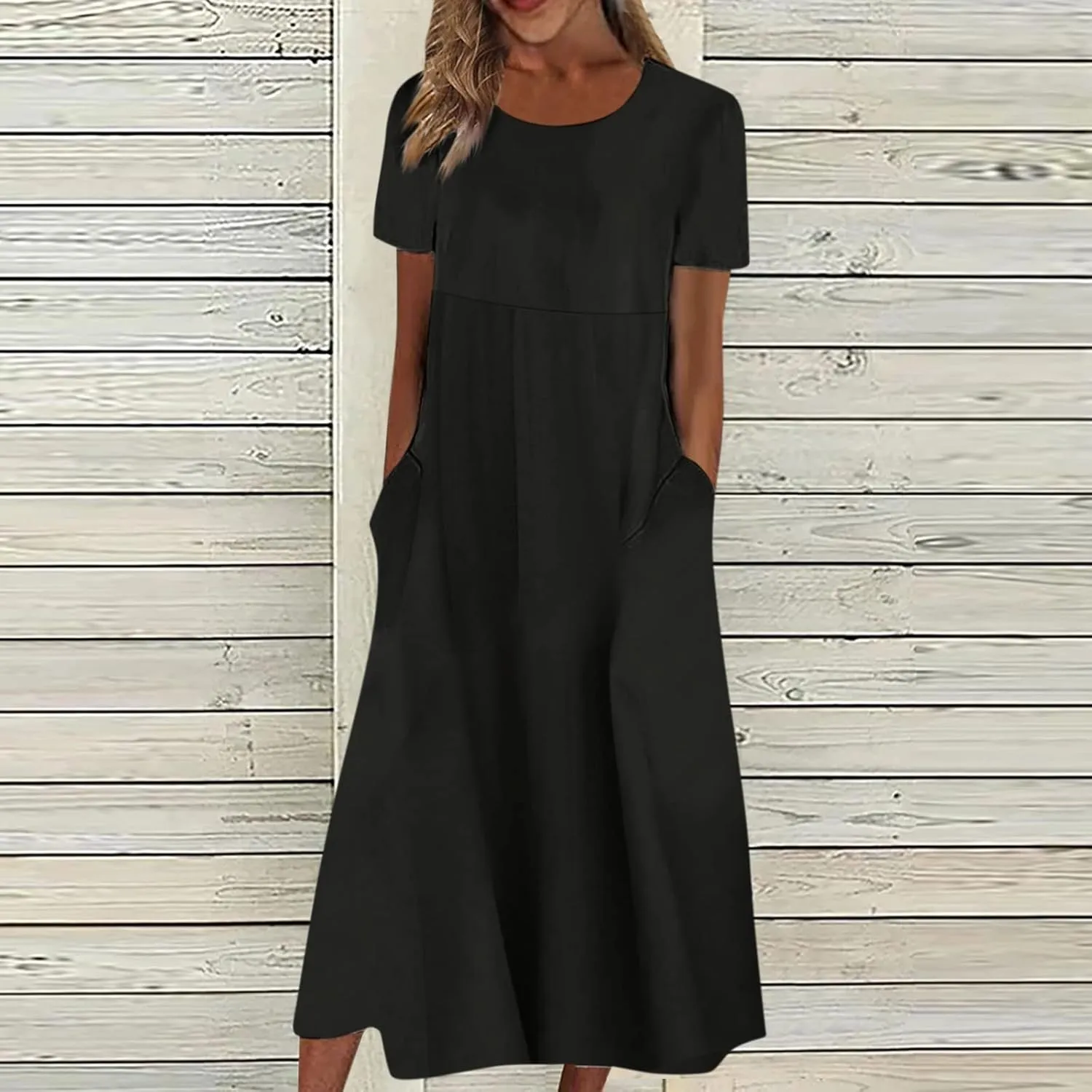 Segaven Dresses for Women 2024 Printed Round Neck Long Dresses Pocket Pleated Dresses Short Sleeve Casual Maxi Dress