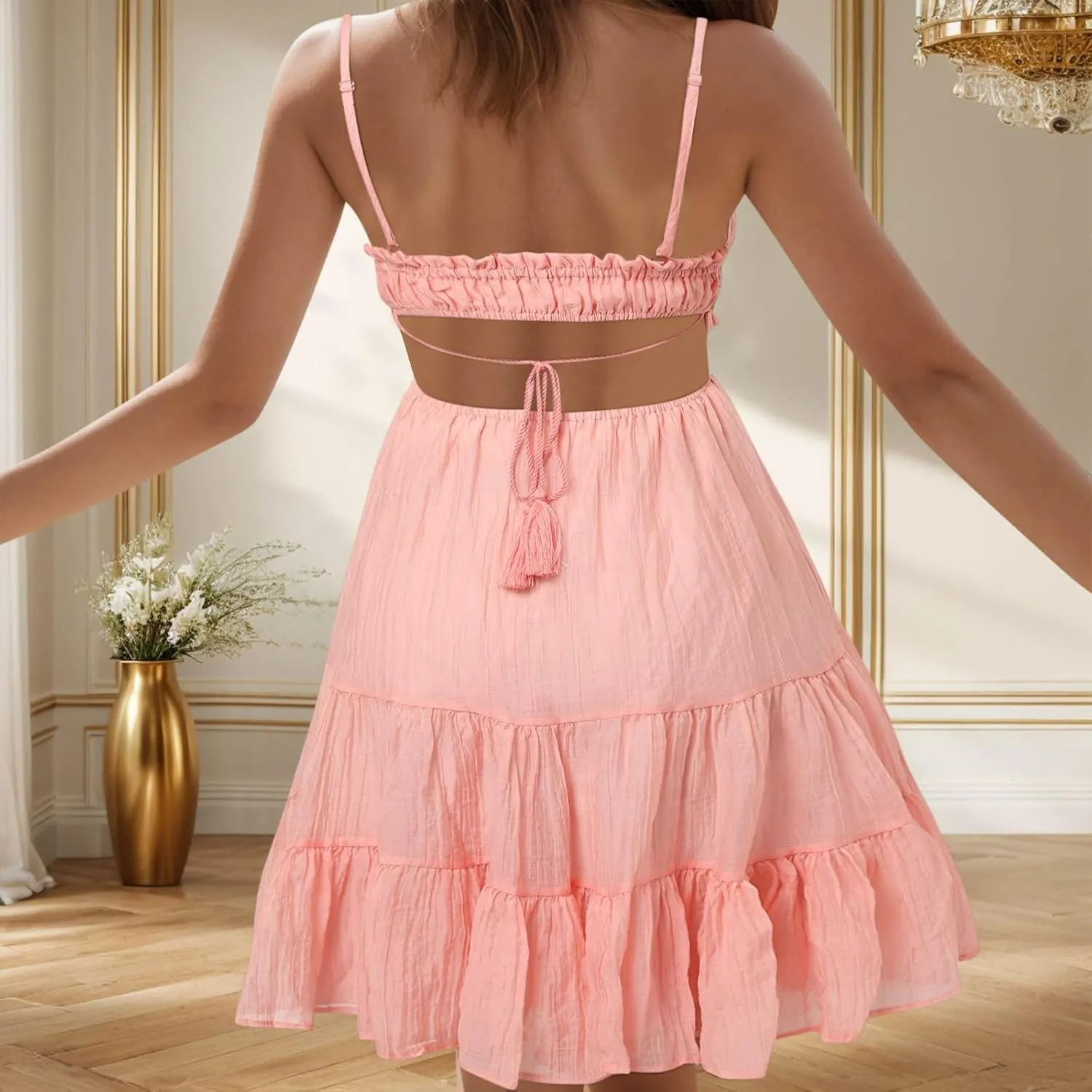 Sexy Dresses for Women Summer Spaghetti Strap Short Dress Side Cutout Drawstring Front Mini Sun Dress Prom Dresses