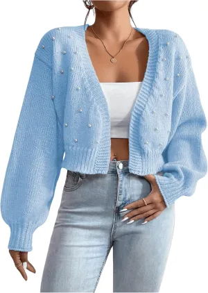 SHENHE Women's Pearl Beaded Open Front V Neck Drop Shoulder Cropped Cardigan Sweater