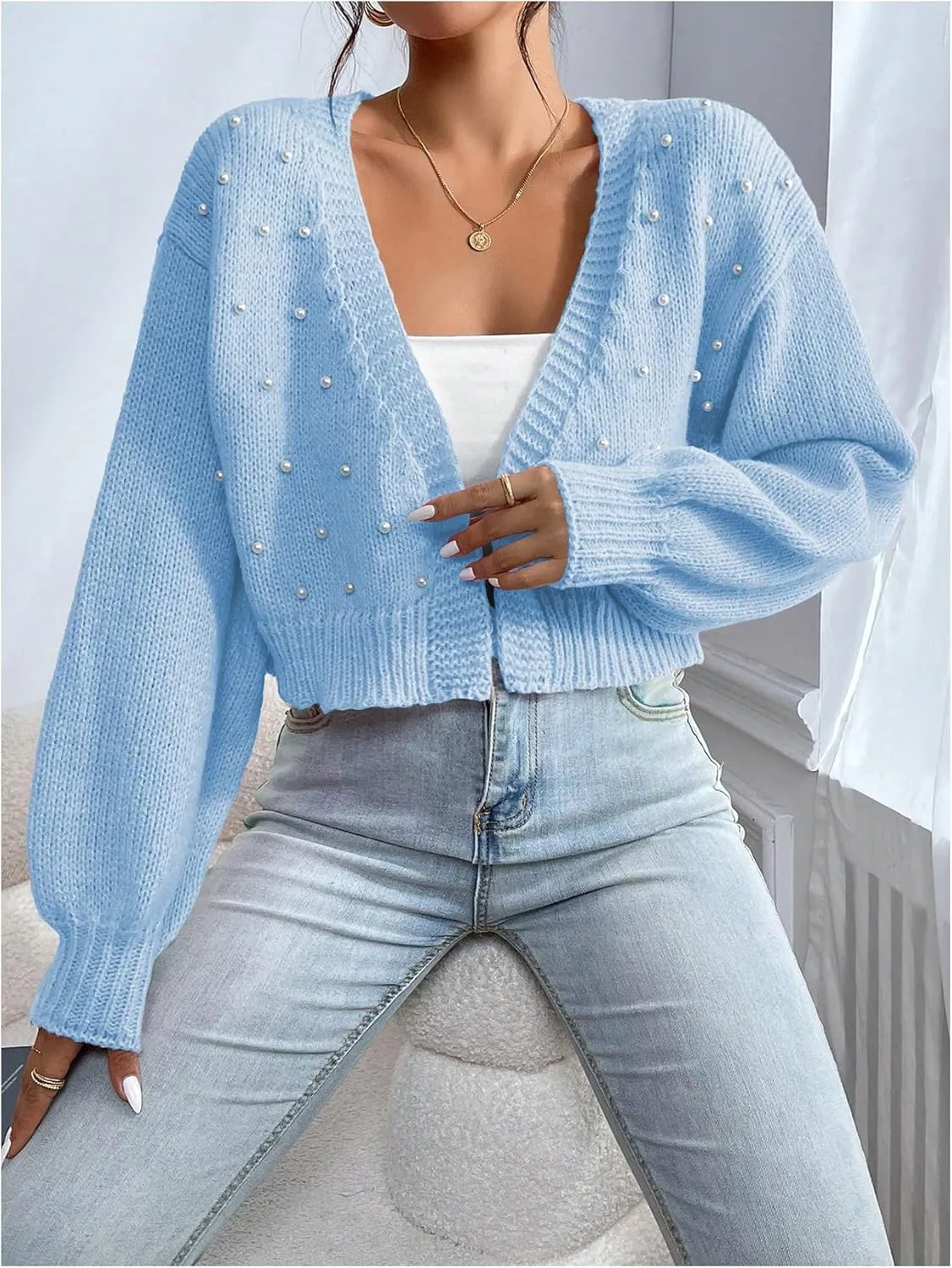 SHENHE Women's Pearl Beaded Open Front V Neck Drop Shoulder Cropped Cardigan Sweater