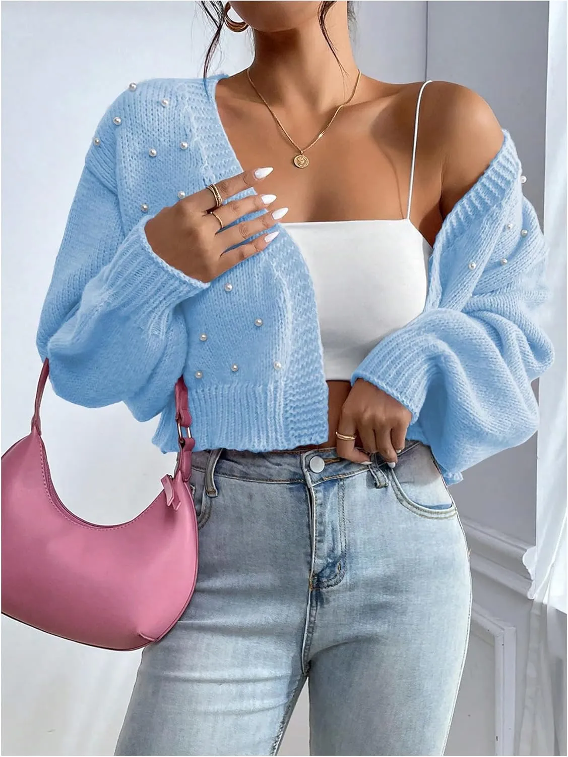 SHENHE Women's Pearl Beaded Open Front V Neck Drop Shoulder Cropped Cardigan Sweater
