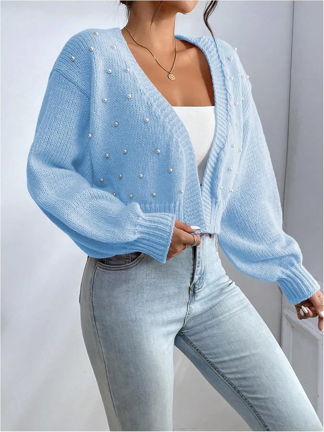 SHENHE Women's Pearl Beaded Open Front V Neck Drop Shoulder Cropped Cardigan Sweater
