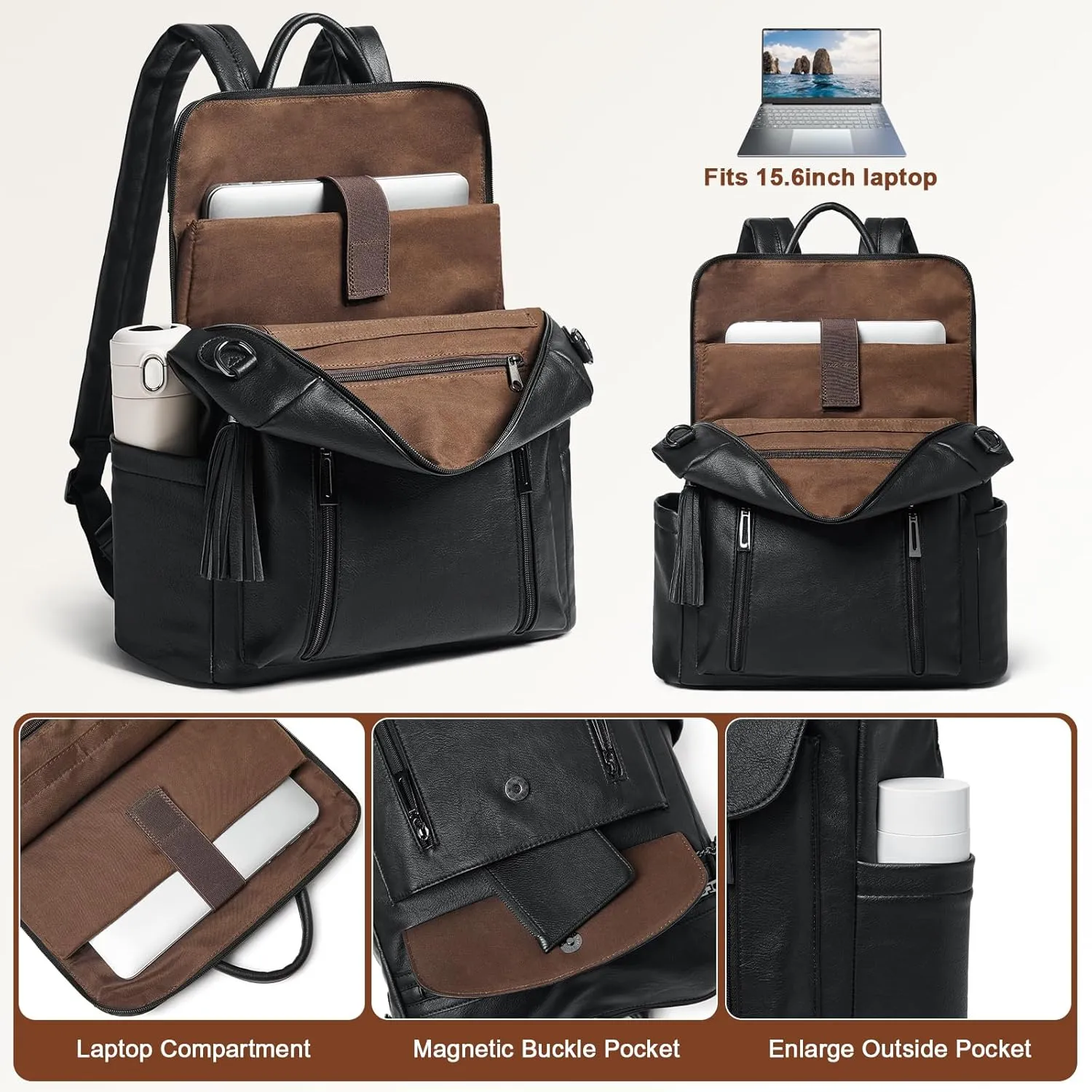 Shrrie Laptop Backpack for Women 15.6 inch,Travel Leather Backpack Purse Nurse Teacher Carry on Backpack Computer Bag,Professional Water-Resistant College Business Work Casual Daypack,Two-tone Black