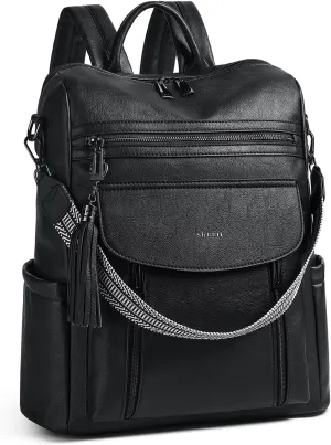 Shrrie Laptop Backpack for Women 15.6 inch,Travel Leather Backpack Purse Nurse Teacher Carry on Backpack Computer Bag,Professional Water-Resistant College Business Work Casual Daypack,Two-tone Black