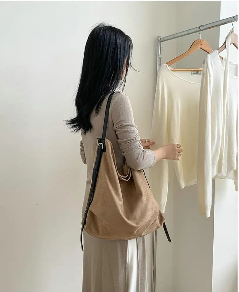 Slouchy Shoulder Bag Suede Hobo Bags for Women Retro Crossbody Purse Brown Tote Handbag Large Work Travel Satchel
