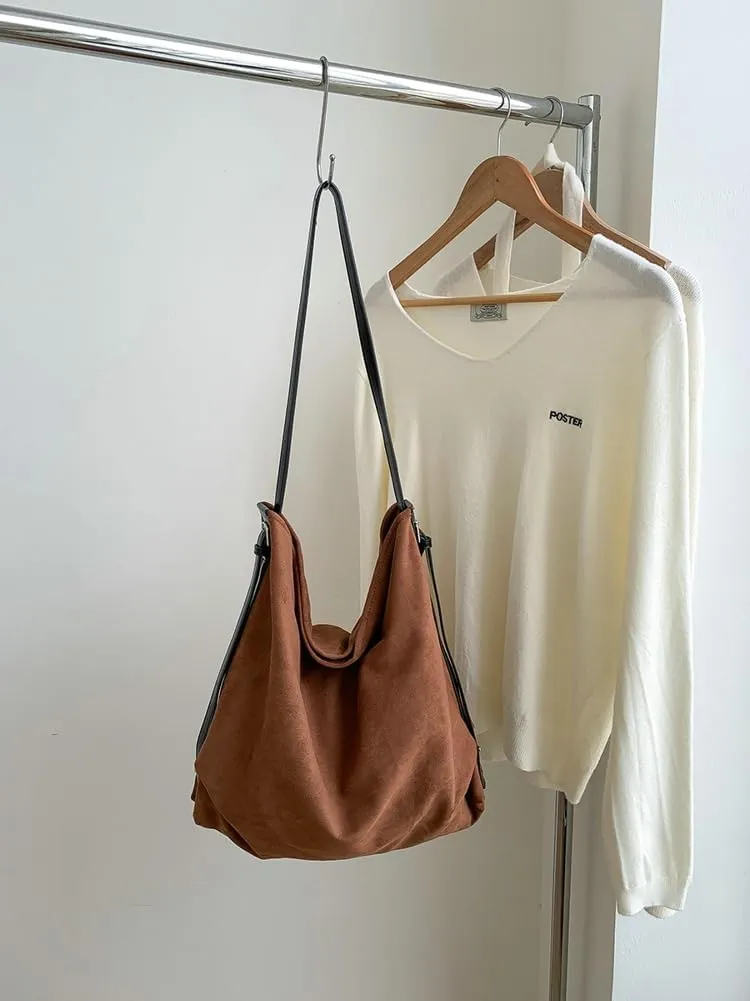 Slouchy Shoulder Bag Suede Hobo Bags for Women Retro Crossbody Purse Brown Tote Handbag Large Work Travel Satchel