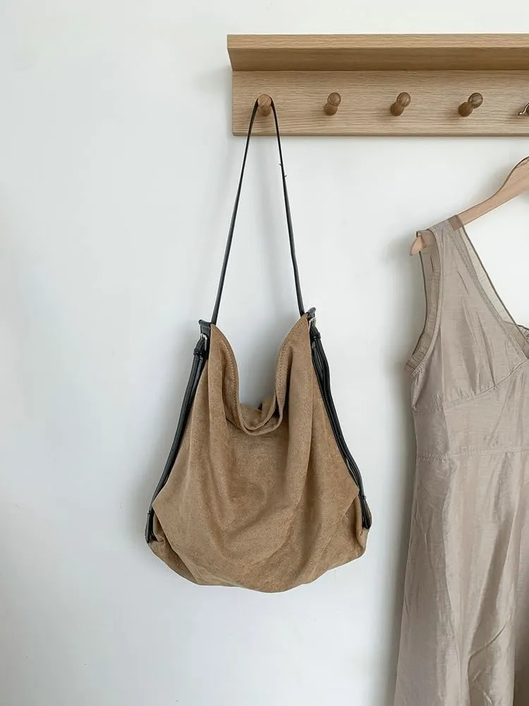 Slouchy Shoulder Bag Suede Hobo Bags for Women Retro Crossbody Purse Brown Tote Handbag Large Work Travel Satchel