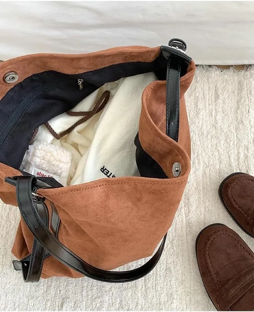 Slouchy Shoulder Bag Suede Hobo Bags for Women Retro Crossbody Purse Brown Tote Handbag Large Work Travel Satchel