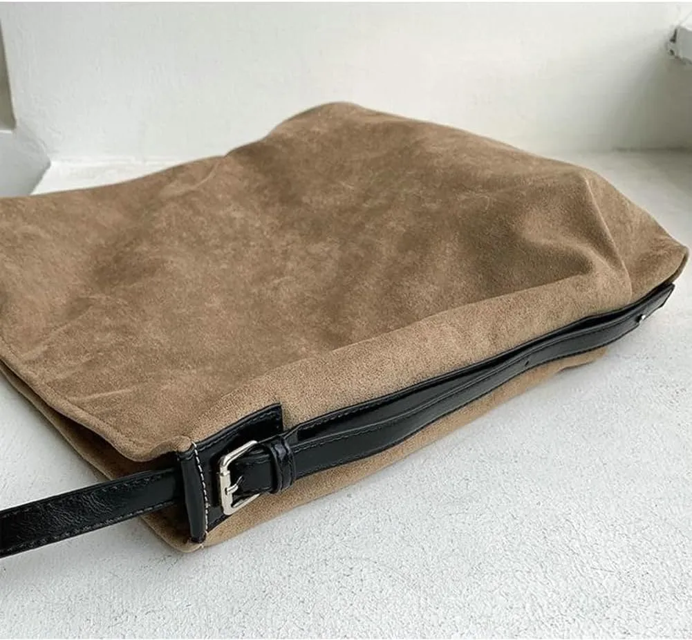 Slouchy Shoulder Bag Suede Hobo Bags for Women Retro Crossbody Purse Brown Tote Handbag Large Work Travel Satchel