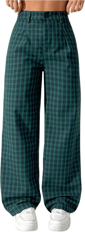 SOLY HUX Women's Plaid Pants High Waisted Wide Leg Casual Loose Long Trousers Green Gingham X-Small