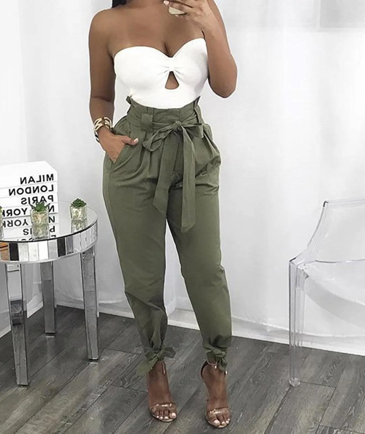SOMTHRON Women's Casual Loose Paper Bag Long Pants High Waist Cropped Pencil Dressy Trouser with Pockets