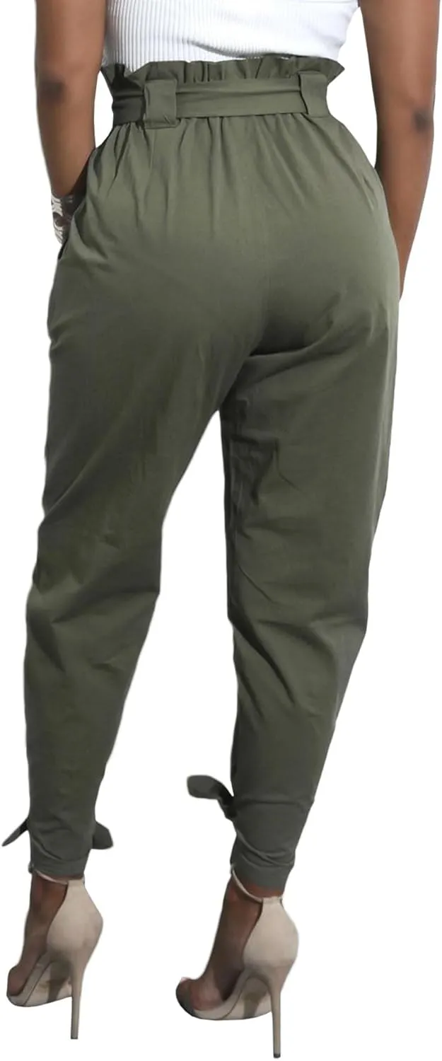 SOMTHRON Women's Casual Loose Paper Bag Long Pants High Waist Cropped Pencil Dressy Trouser with Pockets