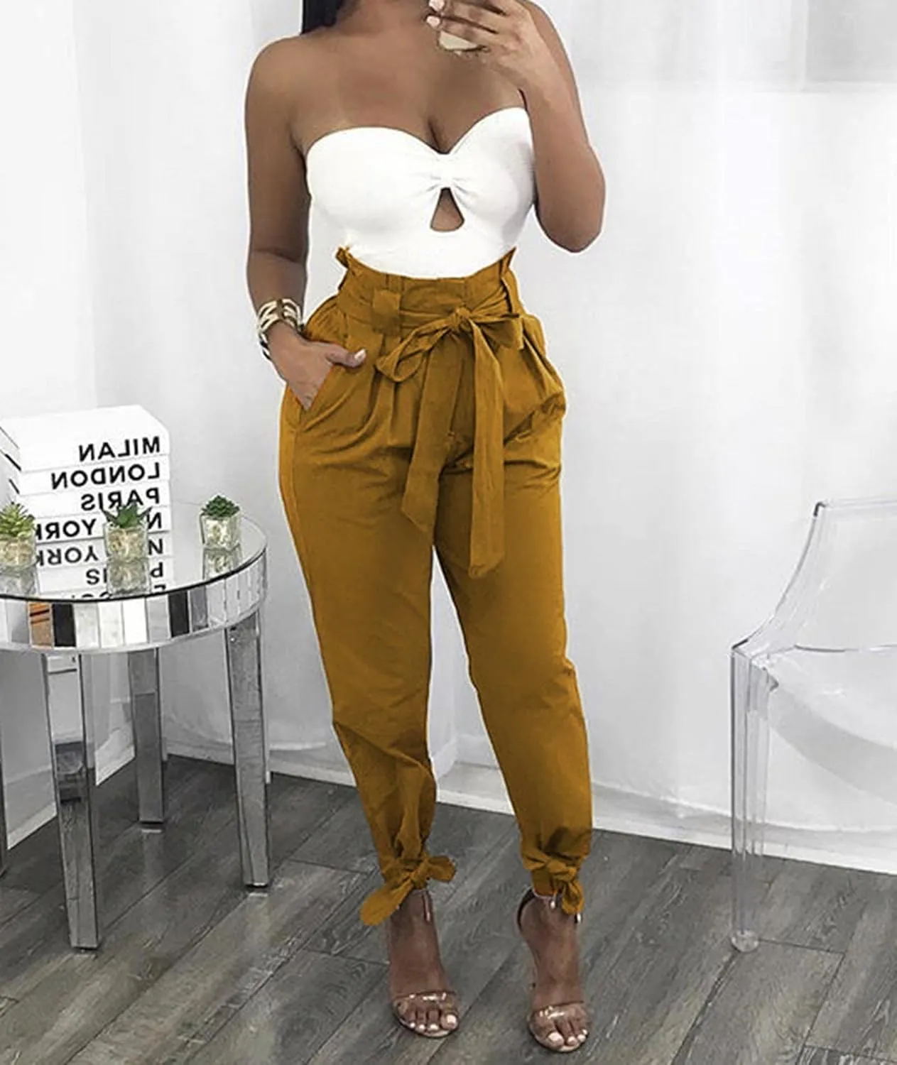 SOMTHRON Women's Casual Loose Paper Bag Long Pants High Waist Cropped Pencil Dressy Trouser with Pockets