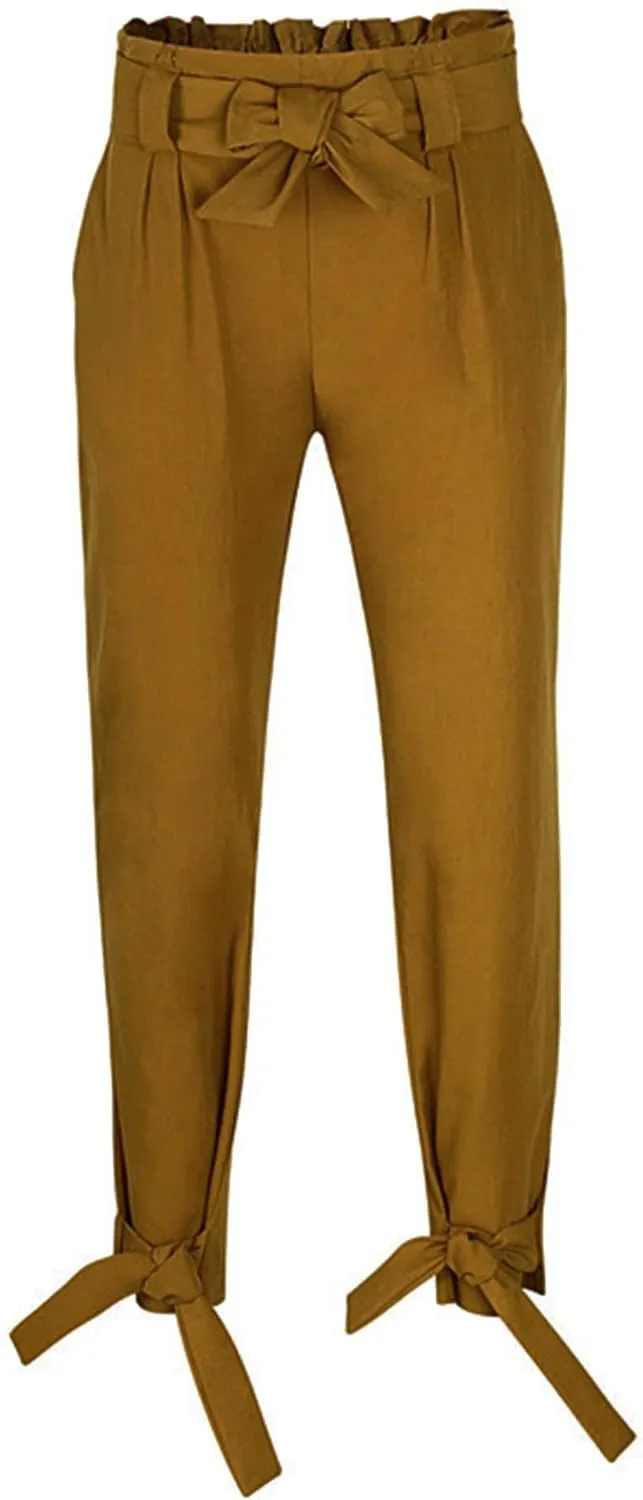 SOMTHRON Women's Casual Loose Paper Bag Long Pants High Waist Cropped Pencil Dressy Trouser with Pockets