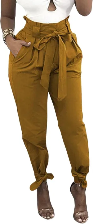 SOMTHRON Women's Casual Loose Paper Bag Long Pants High Waist Cropped Pencil Dressy Trouser with Pockets
