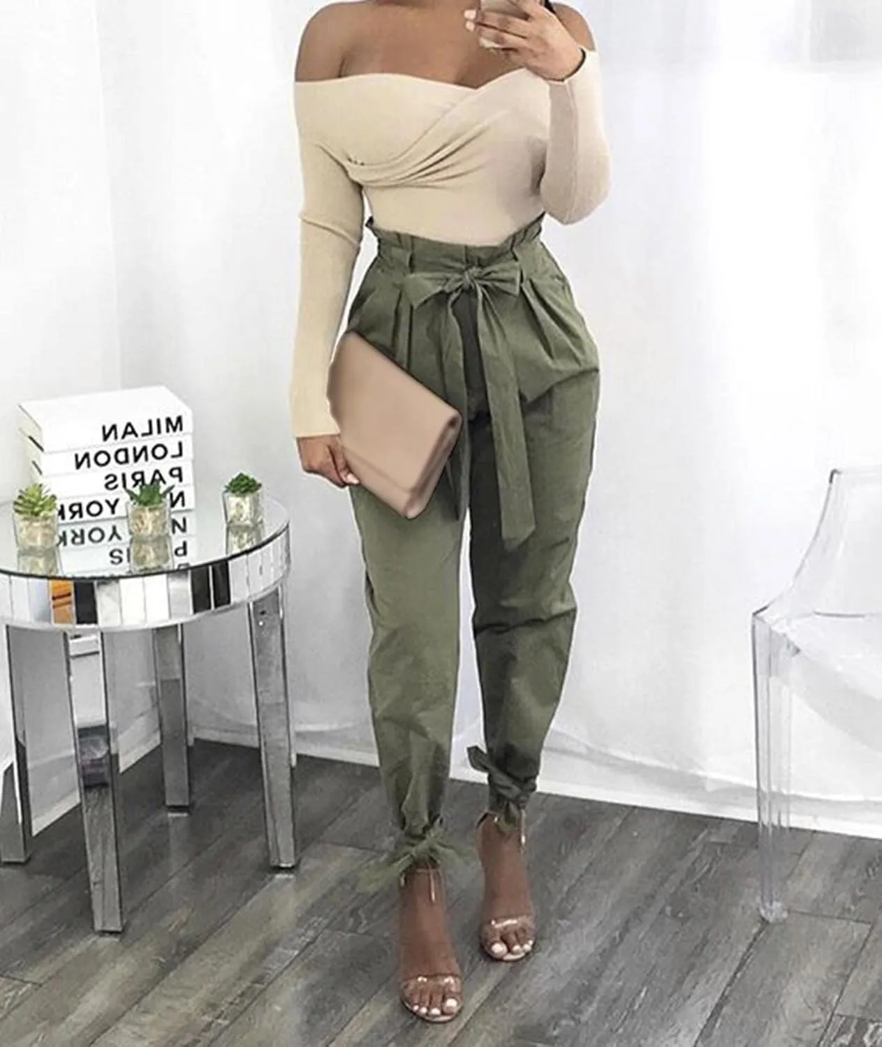 SOMTHRON Women's Casual Loose Paper Bag Long Pants High Waist Cropped Pencil Dressy Trouser with Pockets