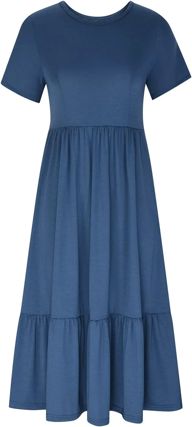 Spring Dresses for Women 2024 Casual Loose Short Sleeve Summer Long Tshirt Dress Flowy Tiered Maxi Beach Sundress