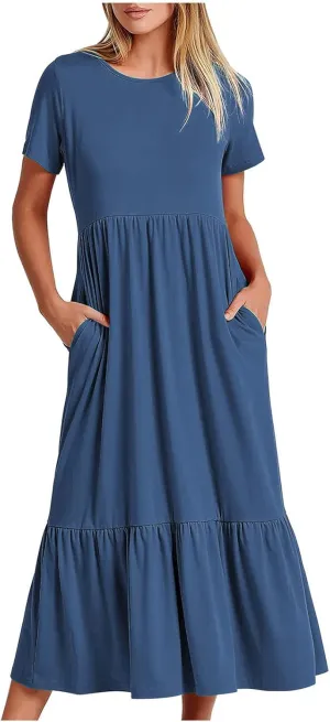 Spring Dresses for Women 2024 Casual Loose Short Sleeve Summer Long Tshirt Dress Flowy Tiered Maxi Beach Sundress