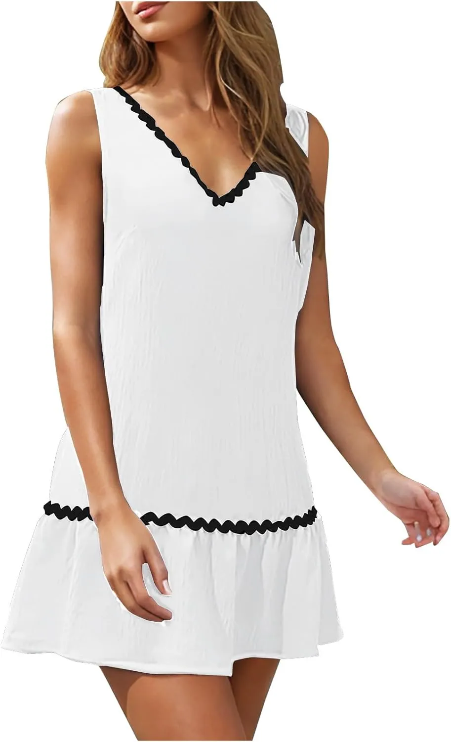 Summer Beach Mini Dress for Women Casual V Neck Boho Sundress Cute Short Ruffle Hem Sleeveless Tank Dress