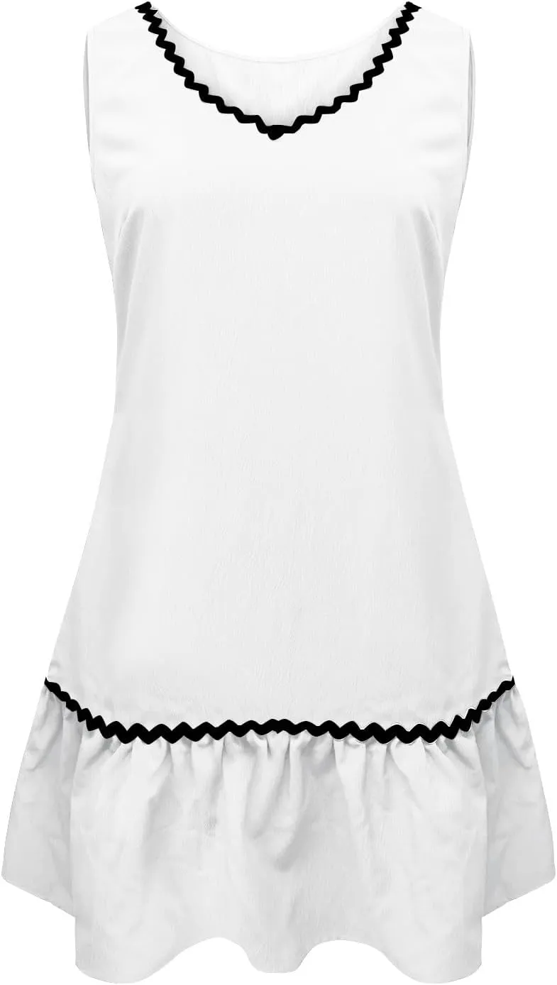 Summer Beach Mini Dress for Women Casual V Neck Boho Sundress Cute Short Ruffle Hem Sleeveless Tank Dress