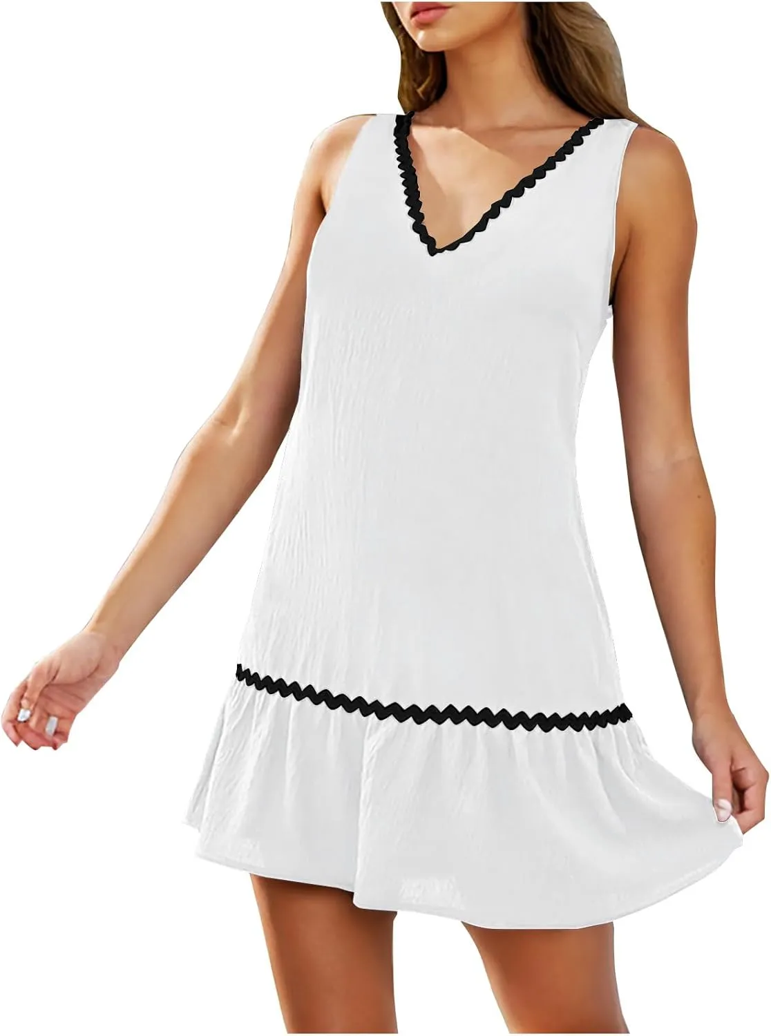 Summer Beach Mini Dress for Women Casual V Neck Boho Sundress Cute Short Ruffle Hem Sleeveless Tank Dress