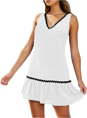 Summer Beach Mini Dress for Women Casual V Neck Boho Sundress Cute Short Ruffle Hem Sleeveless Tank Dress