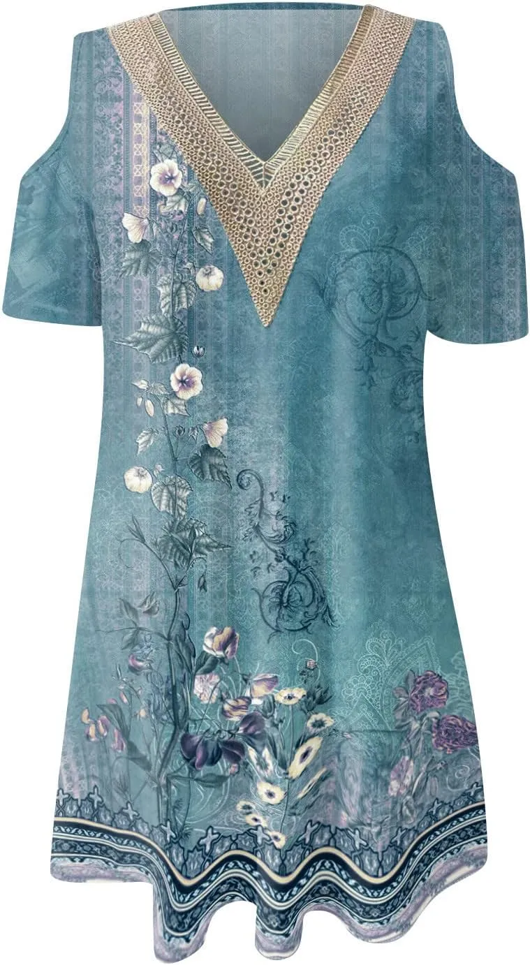 Summer Boho Dresses for Women 2024 Trendy Cold Shoulder Short Sleeve v Neck Tunic Dress Casual Floral Print Mini Dress