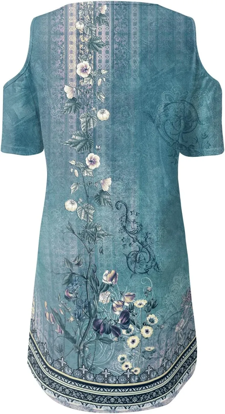 Summer Boho Dresses for Women 2024 Trendy Cold Shoulder Short Sleeve v Neck Tunic Dress Casual Floral Print Mini Dress
