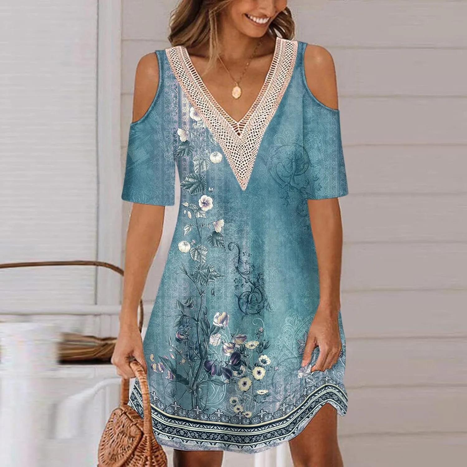 Summer Boho Dresses for Women 2024 Trendy Cold Shoulder Short Sleeve v Neck Tunic Dress Casual Floral Print Mini Dress