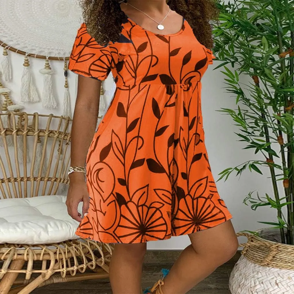Summer Dresses for Women 2024 Casual High Waist Loose Crewneck Floral Sundress Short Sleeve Flowy Ruffle Mini Dress